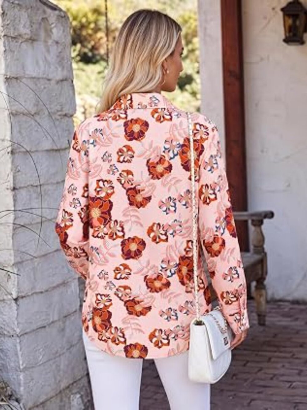 Orange Pink Floral Button Down Shirts for Women Striped Dress Shirts Long Sleeve - Picture 4 of 4